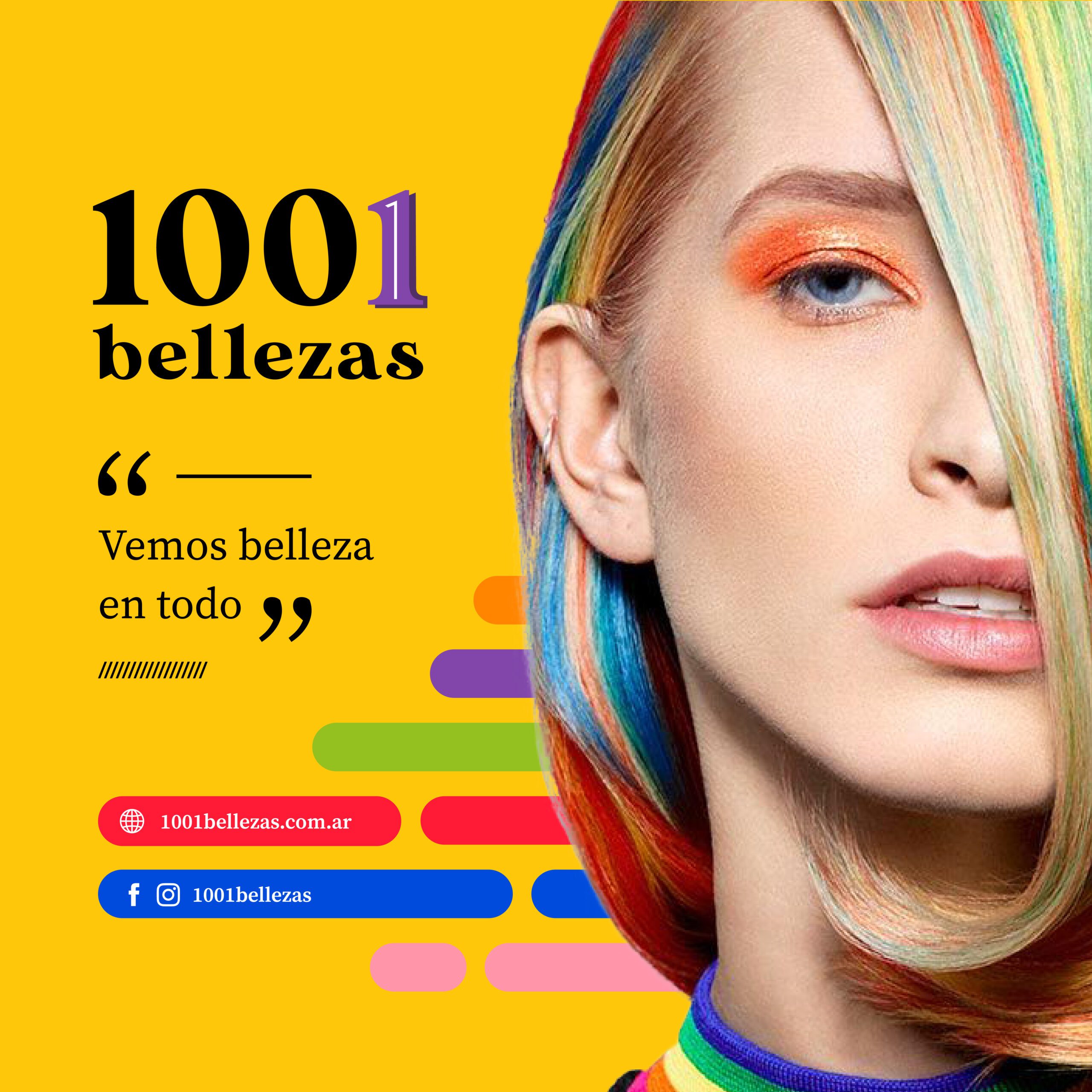Lona de 1001 Bellezas con el lema «Vemos belleza en todo» y el retrato de una mujer con el cabello de colores