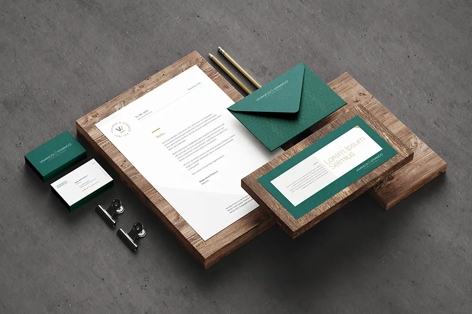 Papelería institucional en verde con hoja membretada, sobre y tarjetas personales