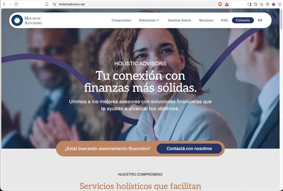 Sitio web de Holistic Advisors con el título «Tu conexión con finanzas más sólidas»